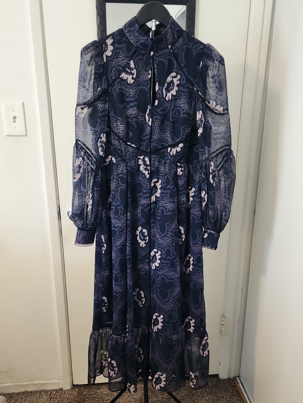 Ted Baker London Navy Floral Chiffon Midi Dress High Neck Long Sleeve Size 2 - Picture 2 of 16
